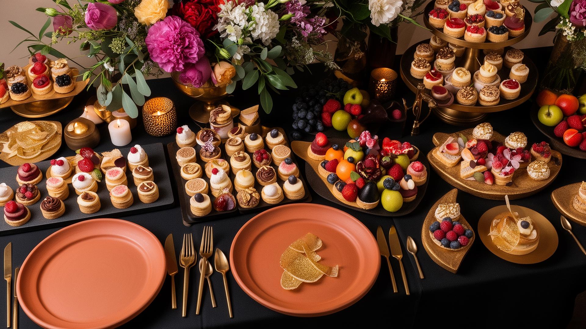 Mesa decorada com sobremesas finas